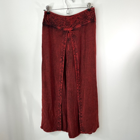 My Choice Fiery Red Acid Wash Split Leg Embroidered Boho Hippie Pants M - Picture 1 of 4